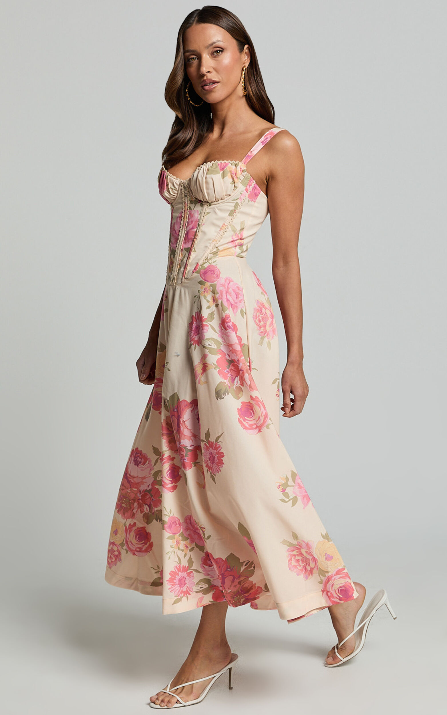 Jonas Midi Dress - Ruched Corset Lace Trim Dress in Vintage Spring ...