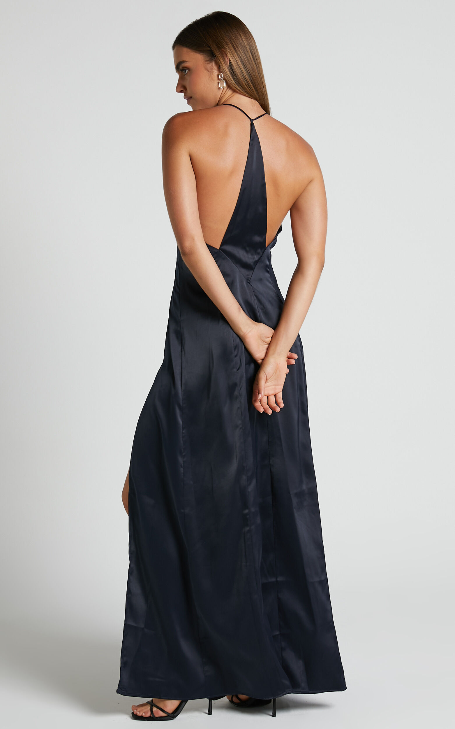 Sabattus Midi Dress Cut Out T Back Satin Dress in Navy Showpo USA