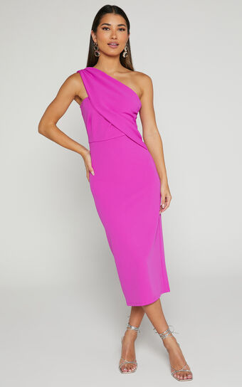 Chessie Midi Dress - One Shoulder Ruched Detail Dress in Plum