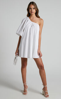 Estella Mini Dress - One Shoulder Puff Sleeve Shift Dress in White