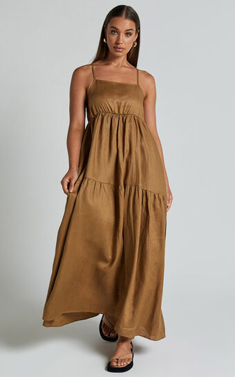 Zuriel Midi Dress - Strappy Linen Tiered Dress in Warm Khaki