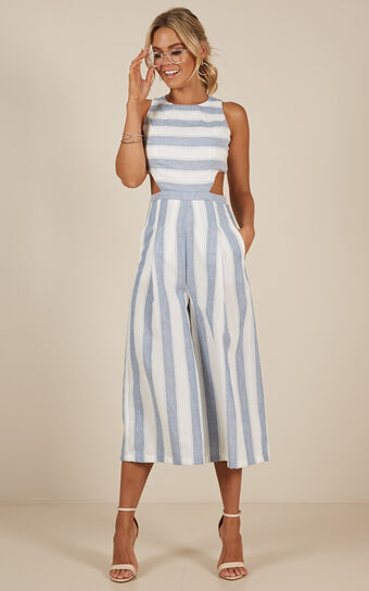 Out Dream Yourself Jumpsuit In Blue Stripe Linen Look