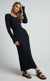 Blaire Midi Dress - Long Sleeve Tie Back Flare Dress in Black