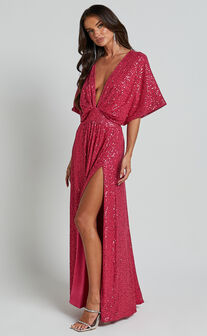 Miyah Maxi Dress - Sequin Plunge Short Sleeve Dress in Pink