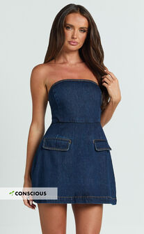 Hannah Playsuit - Denim Strapless A Line Playsuit in Indigo Wash