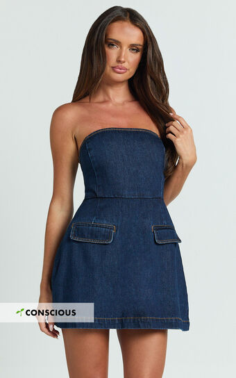 Hannah Playsuit - Denim Strapless A Line Playsuit in Indigo Wash