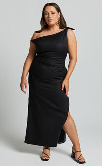 Cincinnati Midi Dress - Off The Shoulder Side Split Column Linen Look Dress in Black