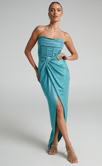 Adrie Midi Dress - Strapless Corset Bodice Dress in Turquoise