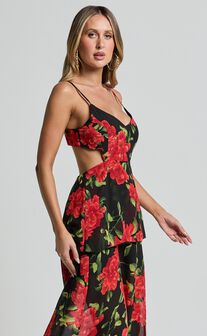 Ashlee Maxi Dress - Tiered Frill V Neck Open Back Rosette Maxi Dress in Black & Red