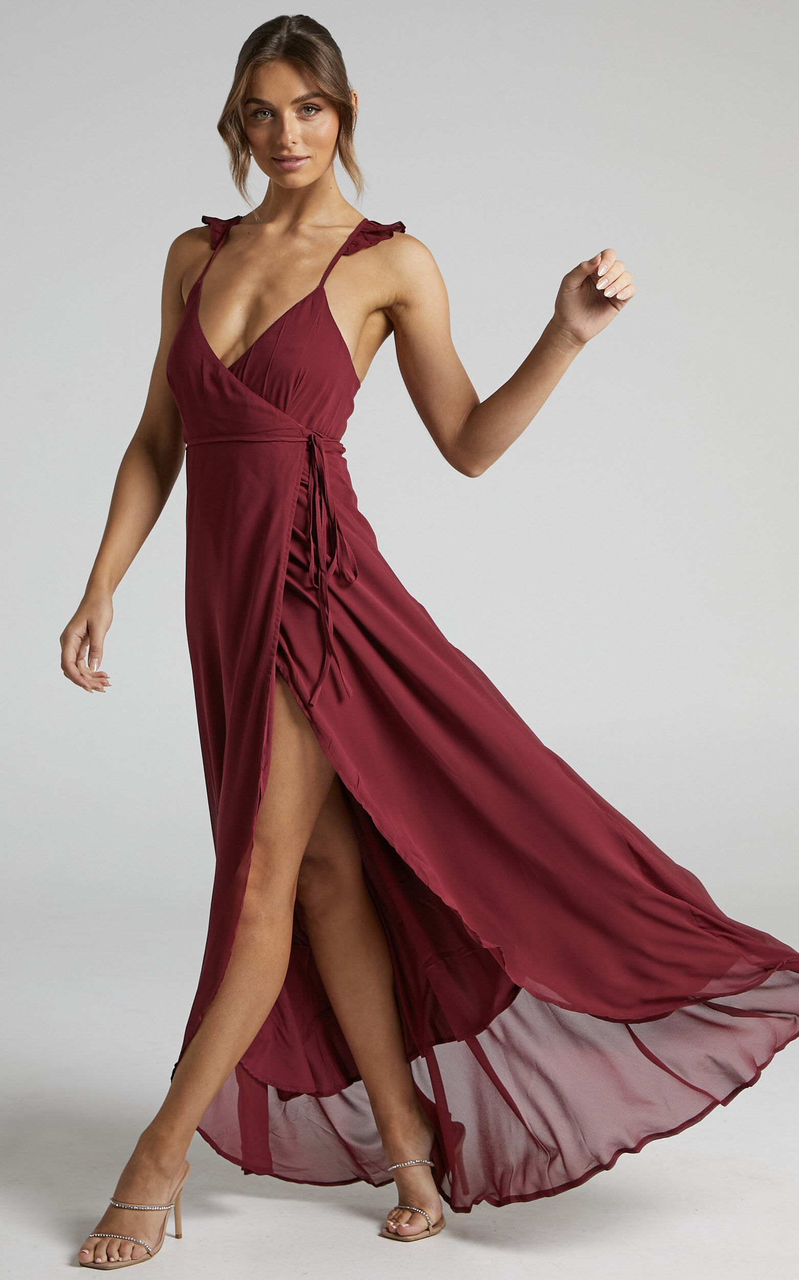 Maibelle Maxi Dress Frill Shoulder Wrap Dress in Wine Showpo USA