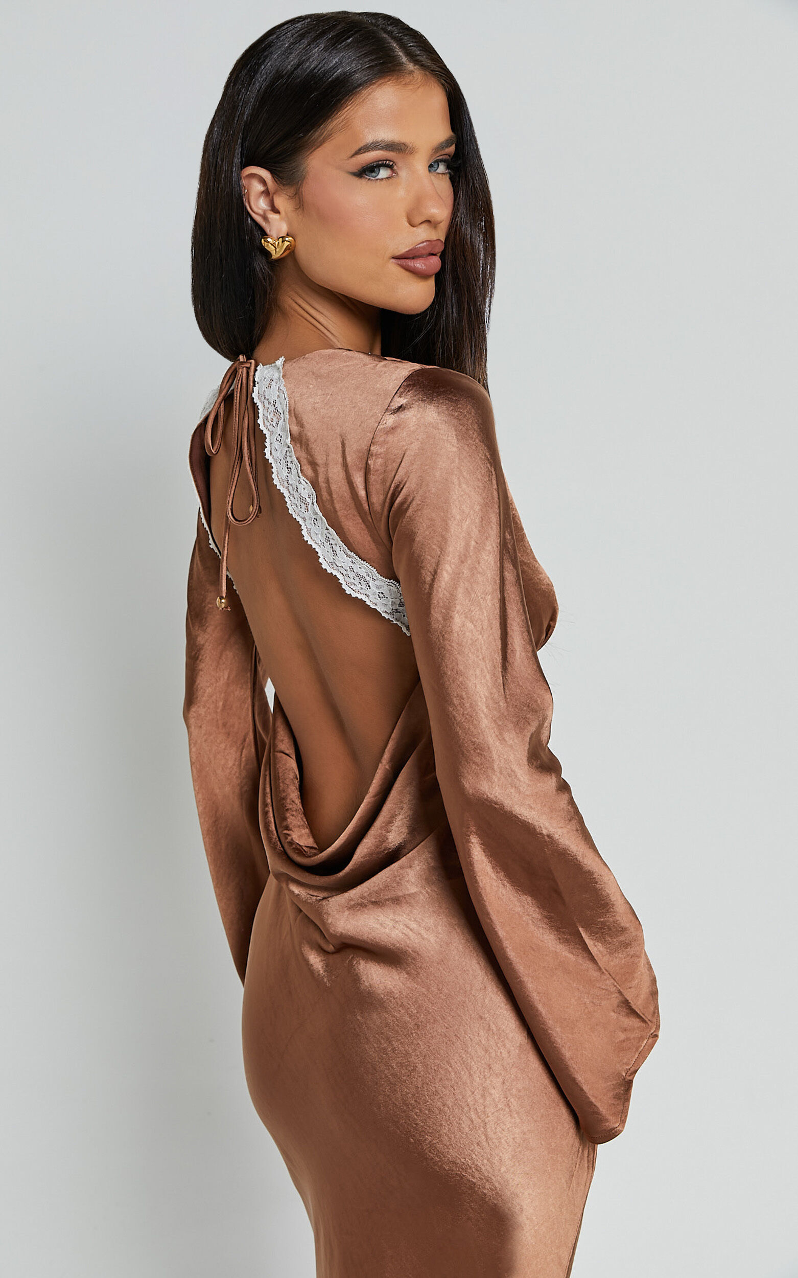 Carmela Midi Dress Long Sleeve V Neck Lace Detail Dress in Chocolate Showpo USA