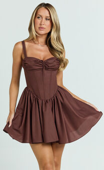 Jonas Mini Dress - Corset Ruched Lace Trim Dress in Chocolate