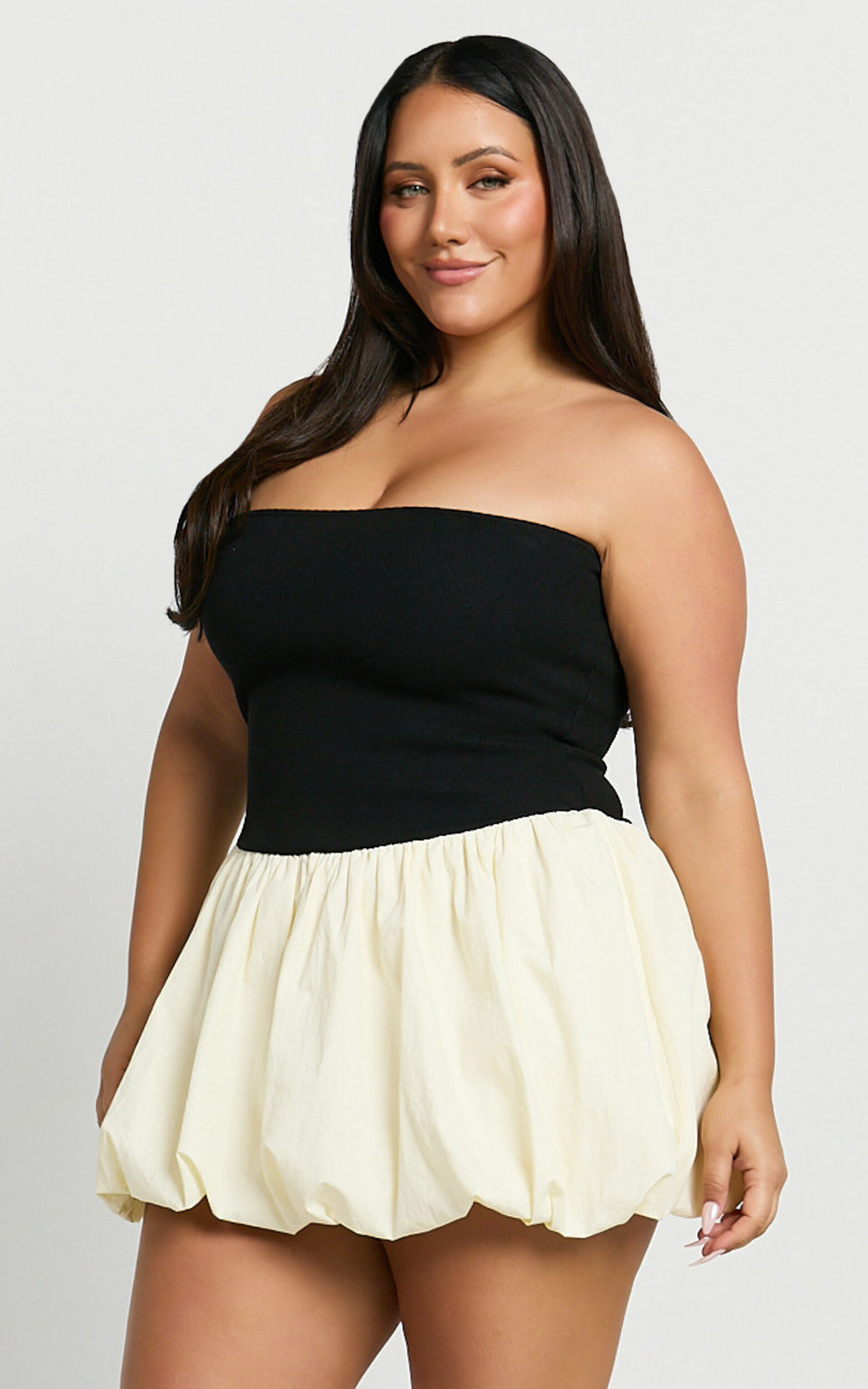 Harley Mini Dress - Strapless Drop Waist Bubble Hem Contrast Dress in White/Black | Showpo NZ