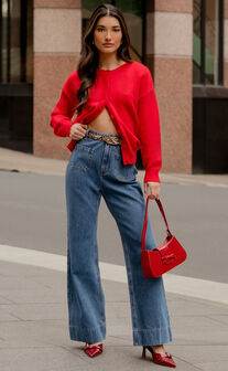 Vancouver Jeans - High Waist Straight Leg Patch Pocket Denim Jeans in Mid Blue Wash