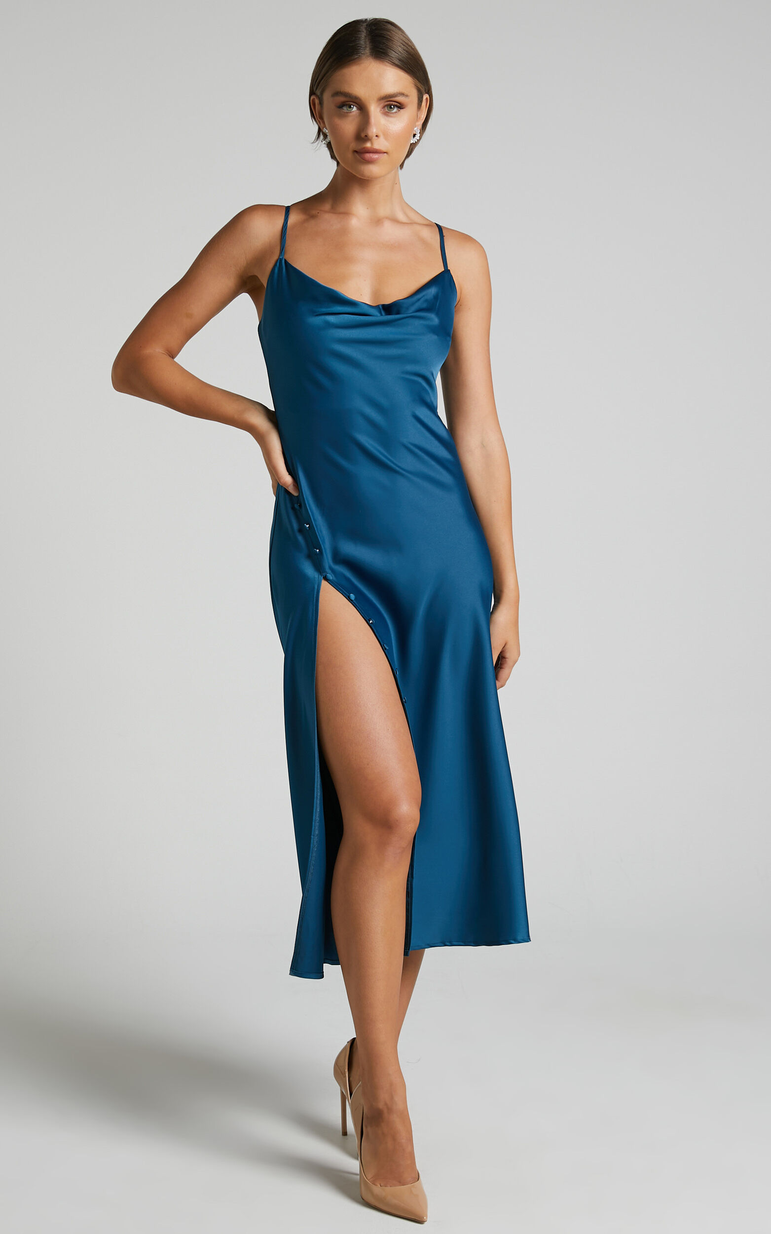 Flordeliza Midi Dress - Cowl Neck Thigh Slit Slip Dress in Steel Blue - 04, BLU1