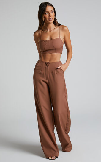 Alba Two Piece Set - Structured Crop Top and Wide Leg Pants Set in Chocolate