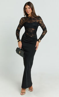 Crisanta Maxi Dress - Long Sleeve Contrast Lace Bodycon Dress in Black
