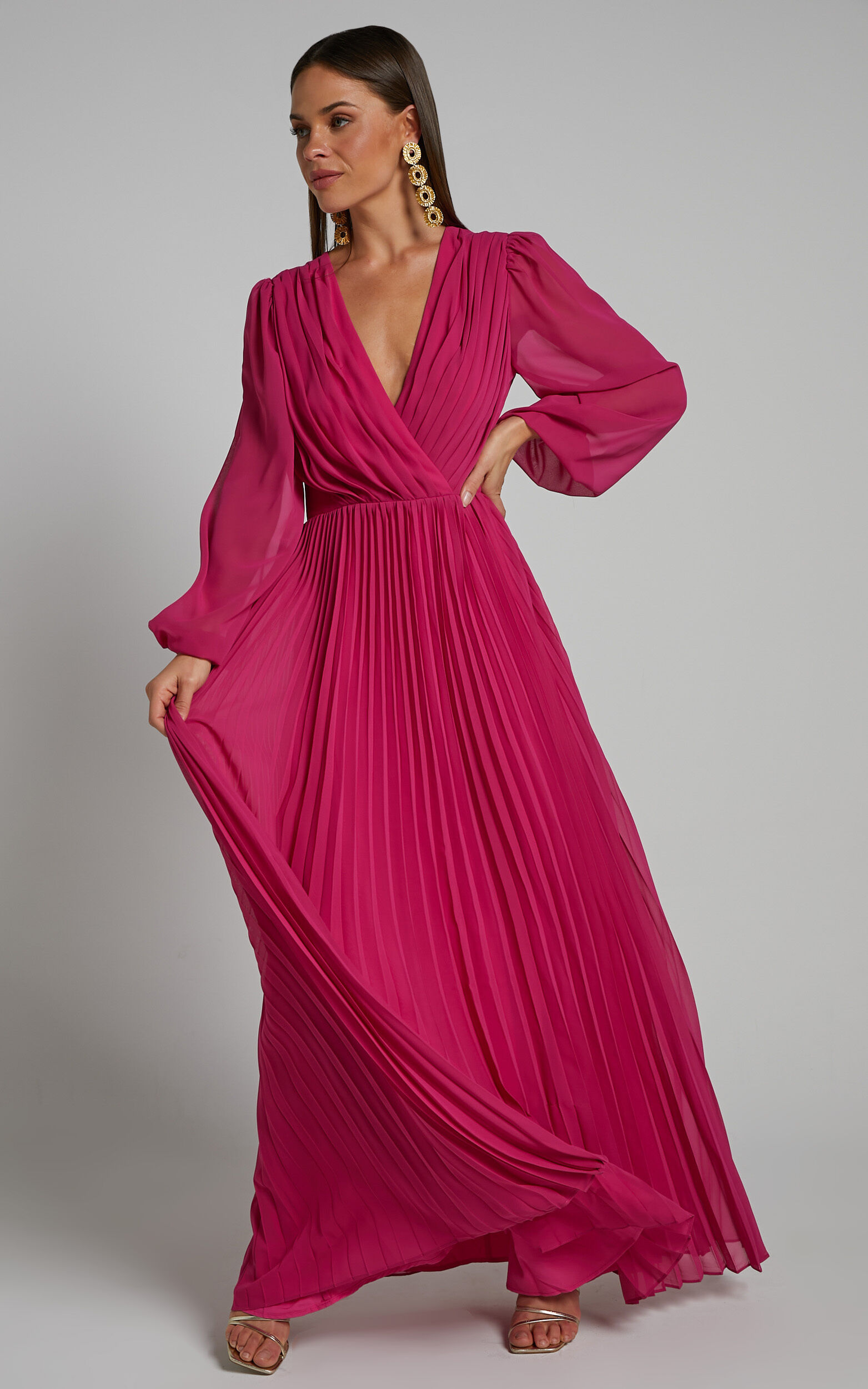 Pleated long sales sleeve dress