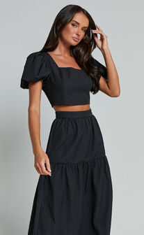 Katherine Two Piece Set - Puff Sleeve Crop Top and Ruffle Hem Midi Skirt Set in Black