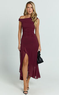 Judee Midi Dress - One Shoulder High Side Split Dress in Wine
