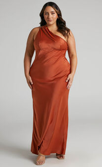 Elzales Midi Dress - One Shoulder Beaded Strap Satin Dress in Rust