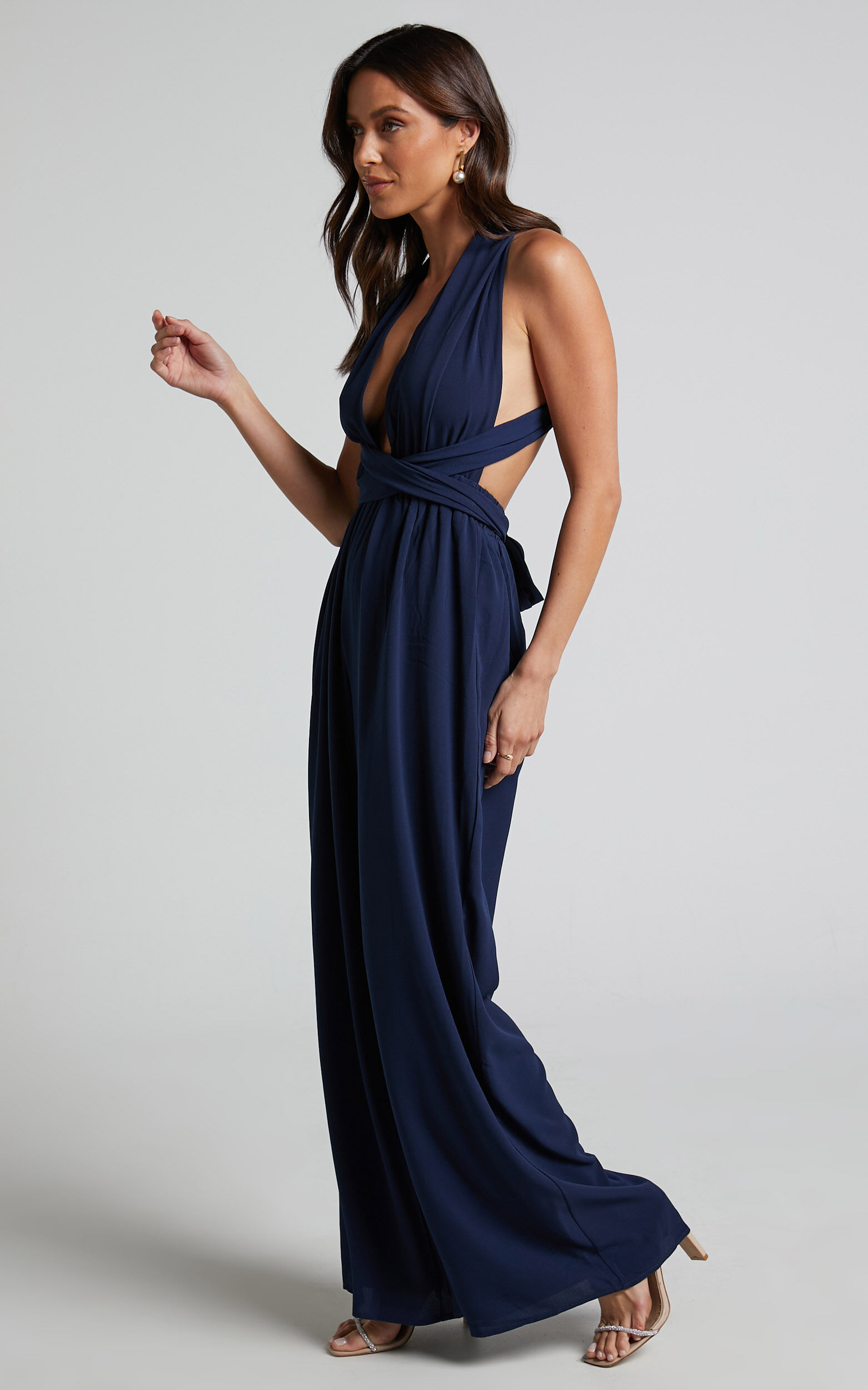 Girls Life Jumpsuit Plunge Cross Back Tie Jumpsuit in Navy