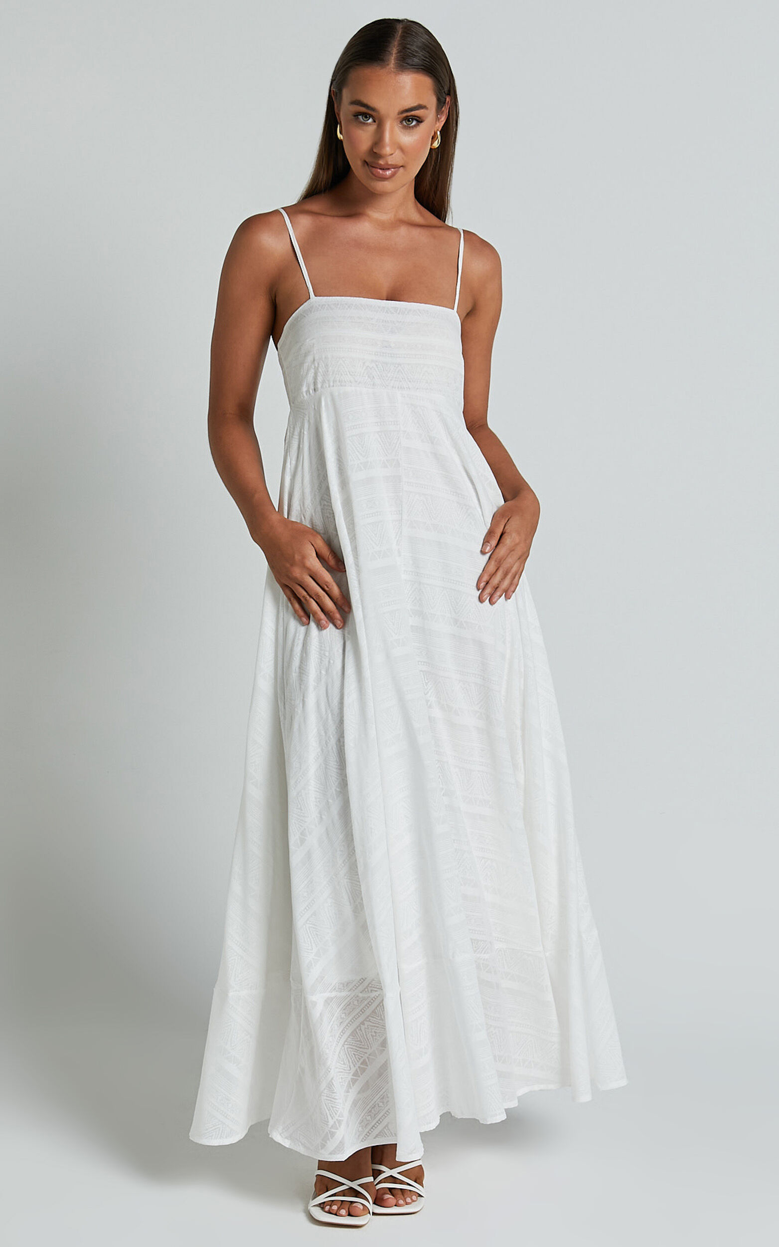 Noremi Midi Dress - Strappy Straight Neck A Line Dress in White - 06, WHT1