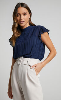 Harlow Top - High Neck Pleated Workwear Top in Navy