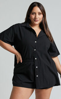 Vina Del Mar Two Piece Set - Linen Look Shirt and Shorts Set in Black