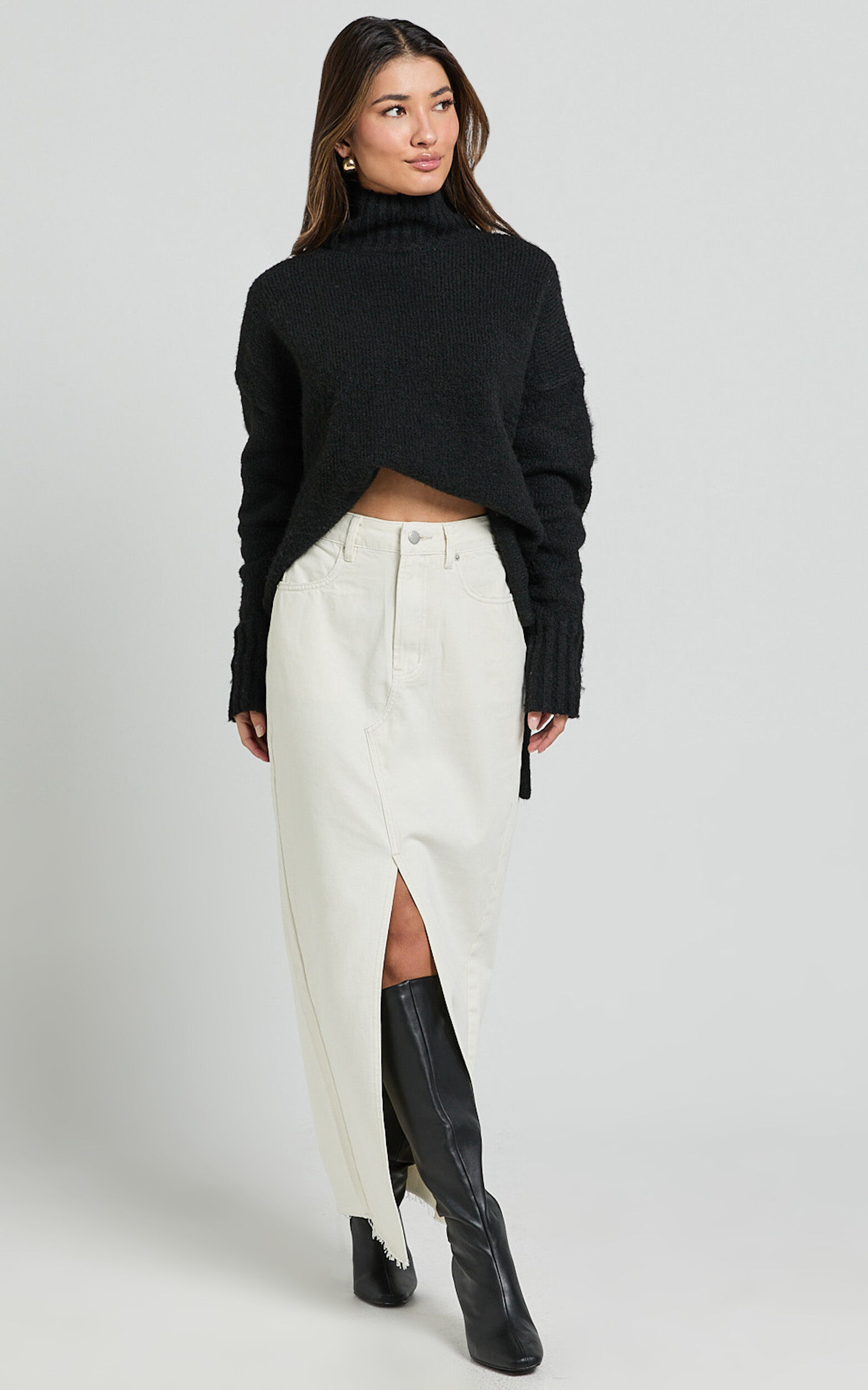 Kira Midi Skirt Front Split Denim Skirt in Ecru Showpo