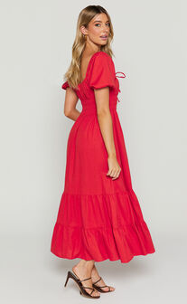Claritza Midi Dress - Linen Look Short Puff Sleeve Square Neck Tiered Dress in Red