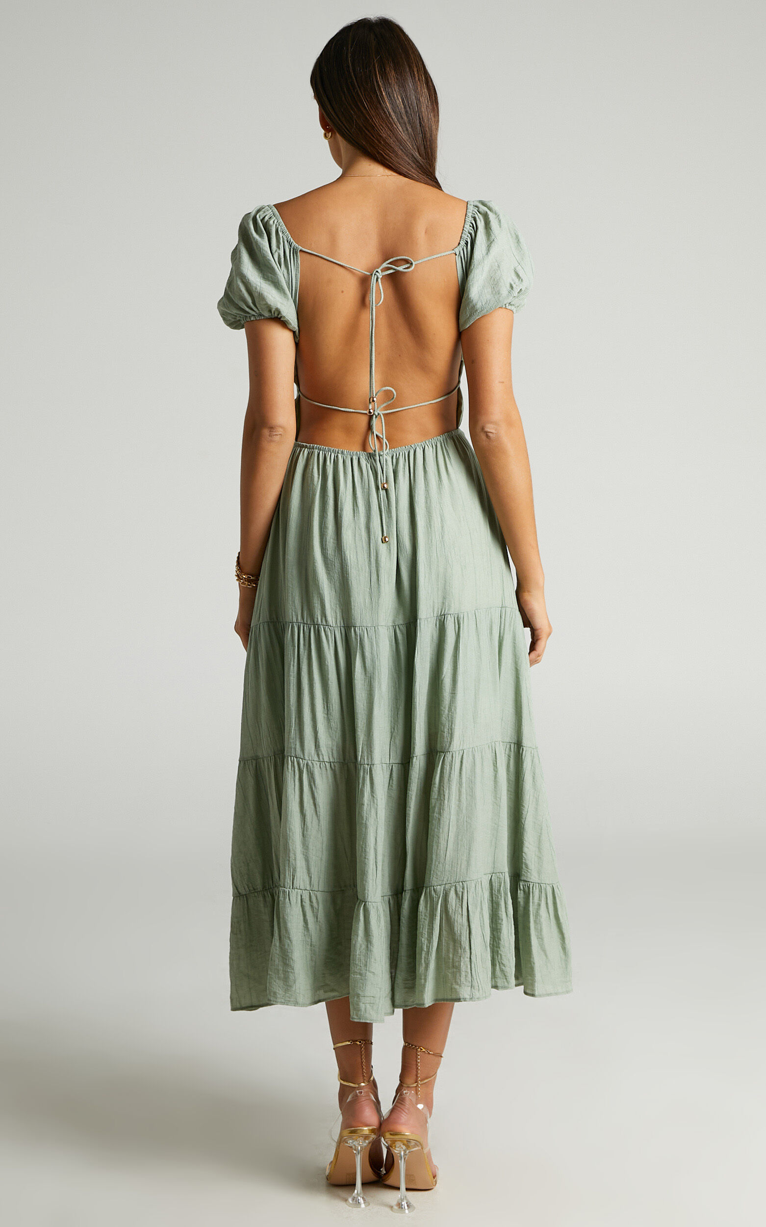 Anita Midi Dress Puff Sleeve Tiered Dress in Sage Showpo USA