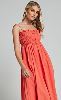 Aurora Midi Dress - Straight Neckline Sleeveless Dress in Orange Red