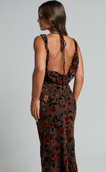 Stephania Midi Dress - Cowl Neck Low Back Burnout Slip Dress in Chocolate