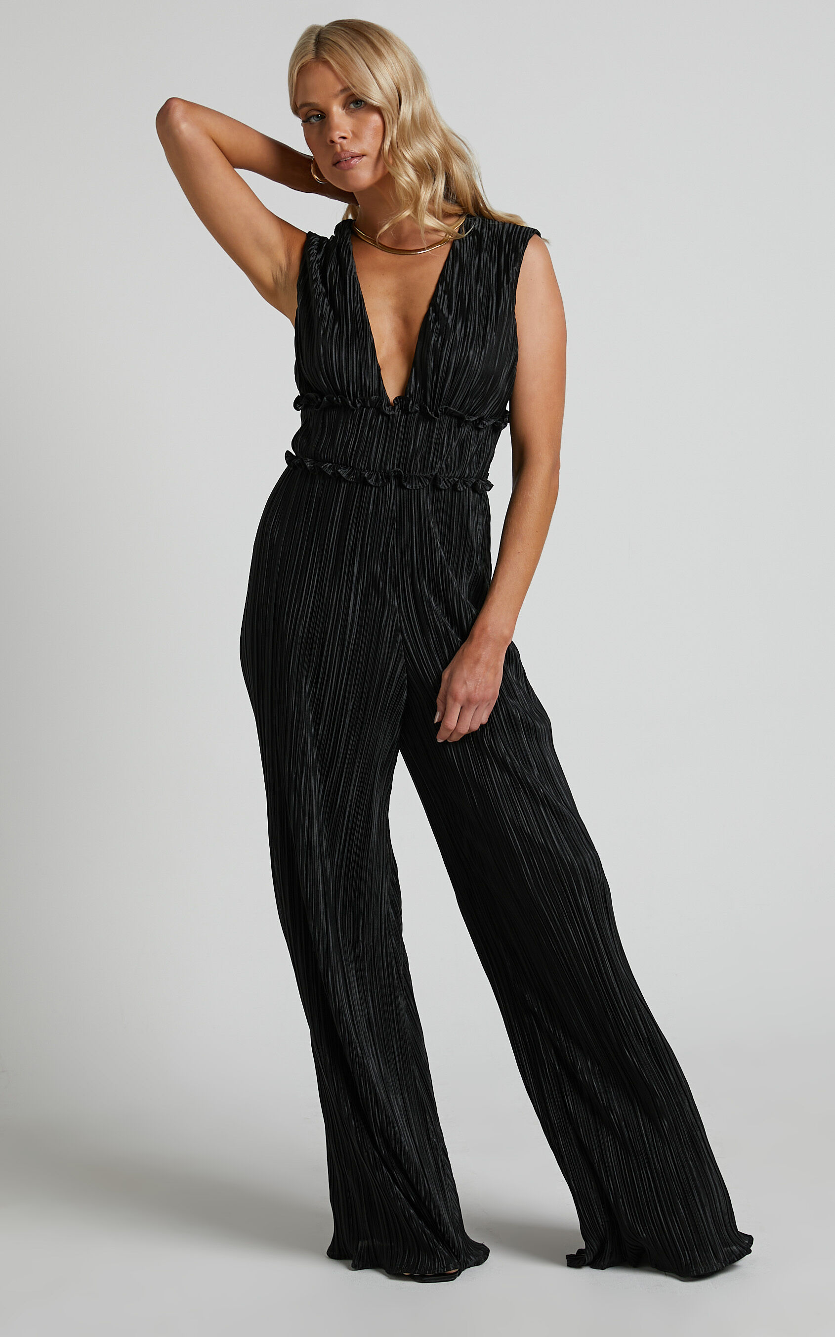 Armida Jumpsuit Plunge Neck Wide Leg Plisse Jumpsuit in Black