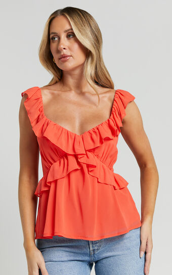Kristina Top - Frill Detail V Neck Sleeveless in Orange