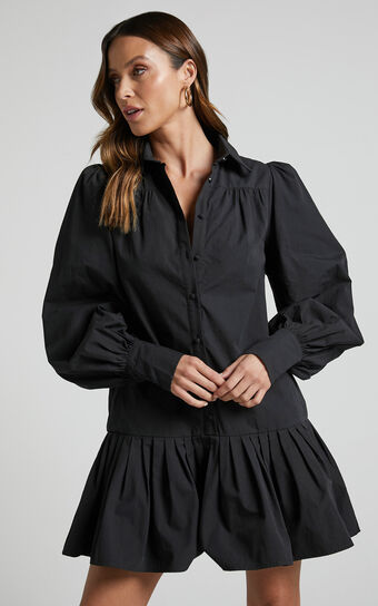 Brydie Mini Dress - Blouson Sleeve Pleat Hem Shift Shirt Dress in Black