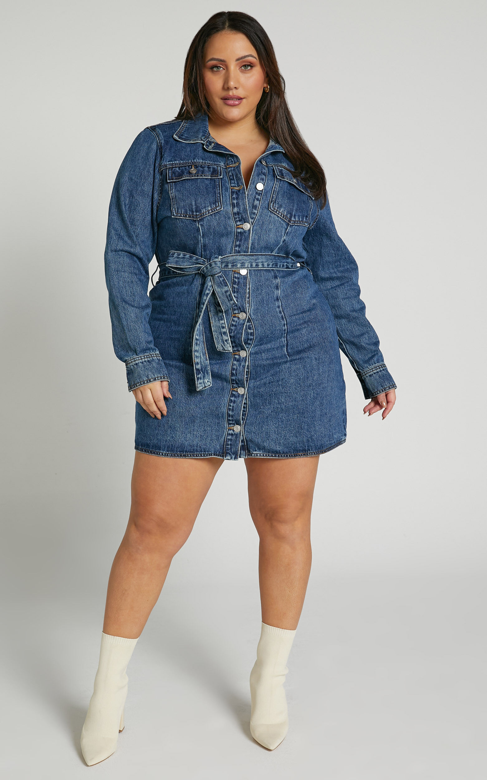Enriquetta Mini Dress Cotton Denim Long Sleeve Button Up Dress