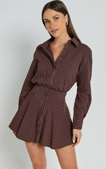 Whitney Mini Dress - Linen Look Long Sleeve Shirt Dress in Chocolate Pinstripe Showpo