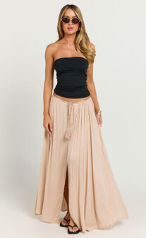Under The Twilight Maxi Skirt - Thigh Split Skirt in Beige