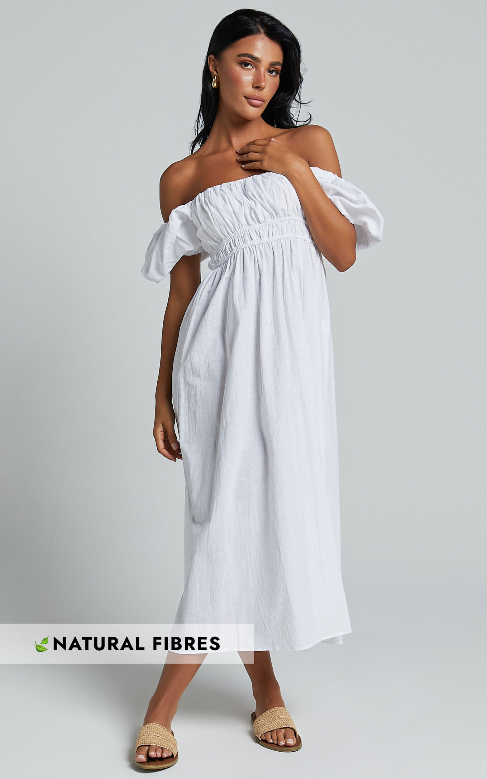 Jovanie Midi Dress - Square Neck Short Puff Sleeve Elasticated Waist Thigh Split Dress in White - 06, WHT1