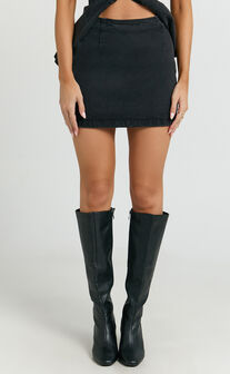 Paige Mini Skirt - High Waisted Denim Skirt in Washed Black