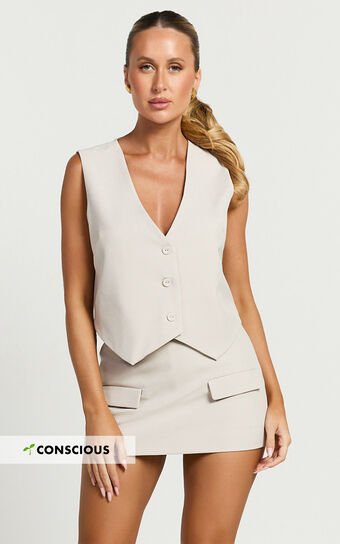 Melinda Top- Recycled Tailored Button Through Vest Top in Stone