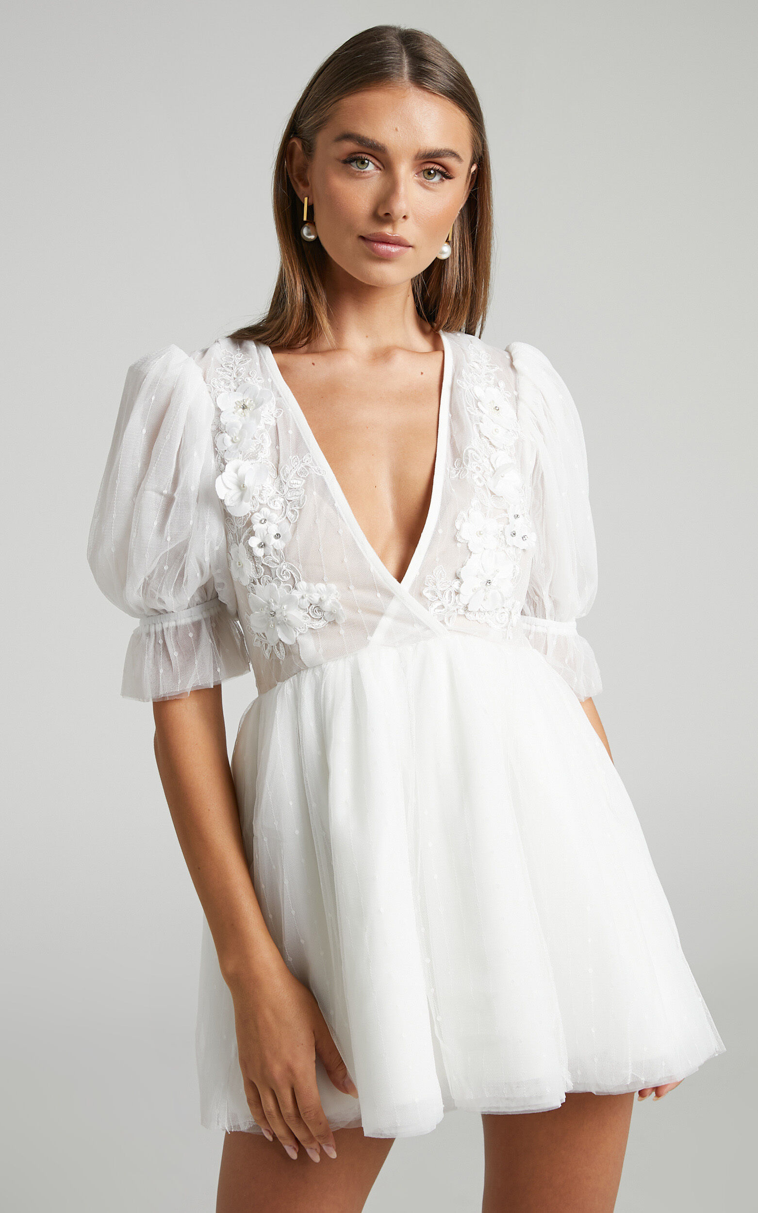 Akshia Mini Dress Puff Sleeve Floral Detail Plunge Neck Dress in White Showpo USA