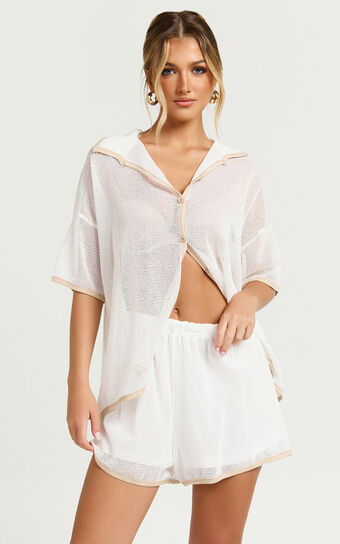 Brylee Two Piece Set - Trim Knit Short Set in White/Tan