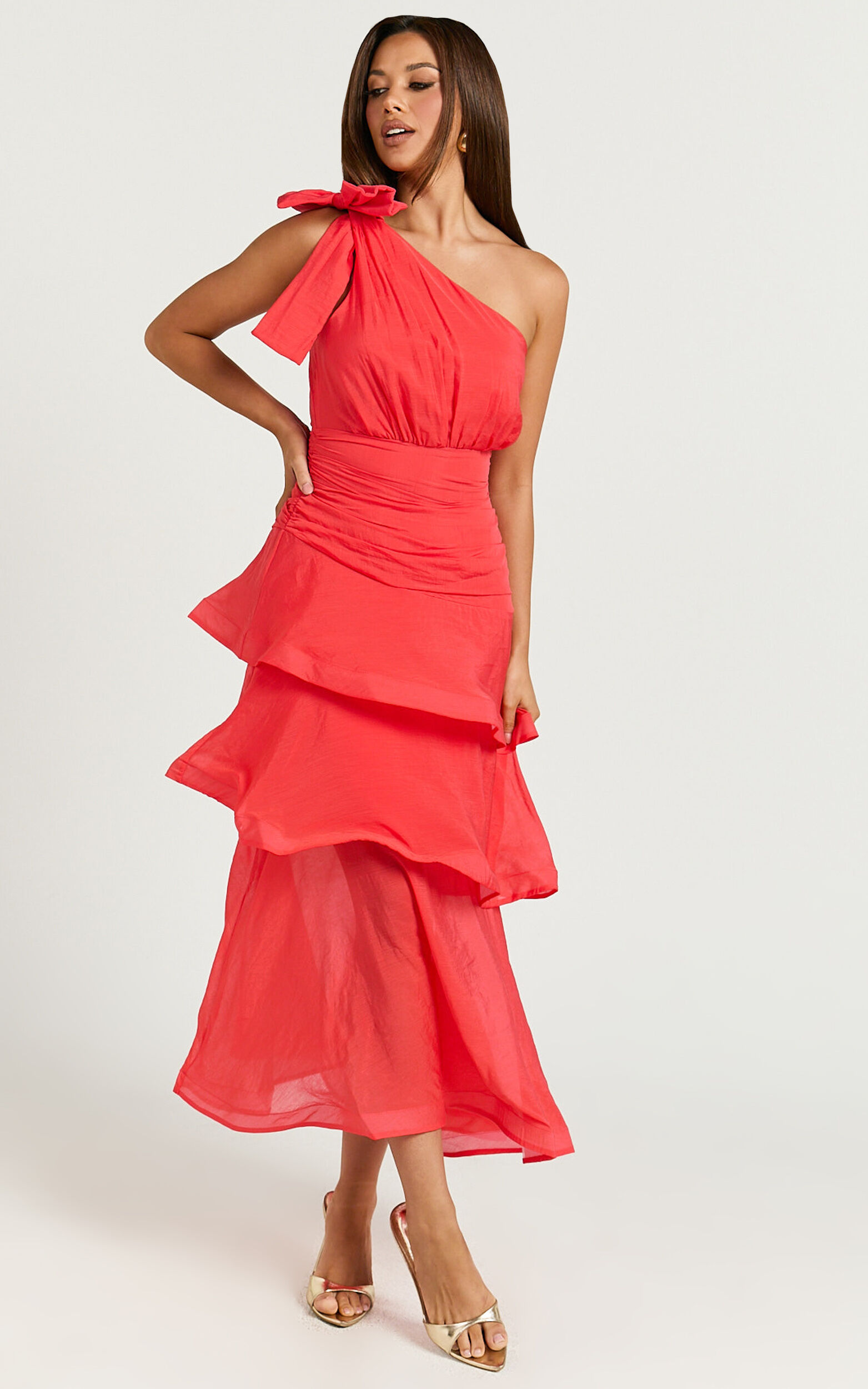 Eugenia Midi Dress - One Shoulder Fit and Flare Layered Dress in Red - 06, RED1