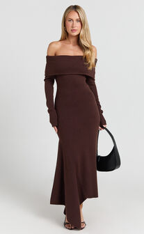 Karina Midi Dress - Long Sleeve Folded Off Shoulder Asymmetric Dress in Chocolate