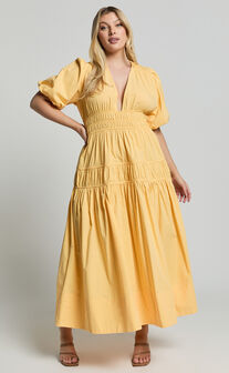 Mellie Midi Dress - Puff Sleeve Plunge Tiered Dress in Pineapple