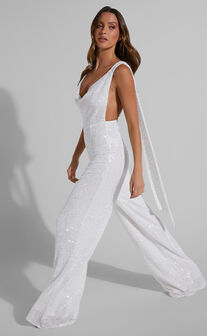 Malisha Jumpsuit - Cowl Neck Backless Jumpsuit in White Sequin