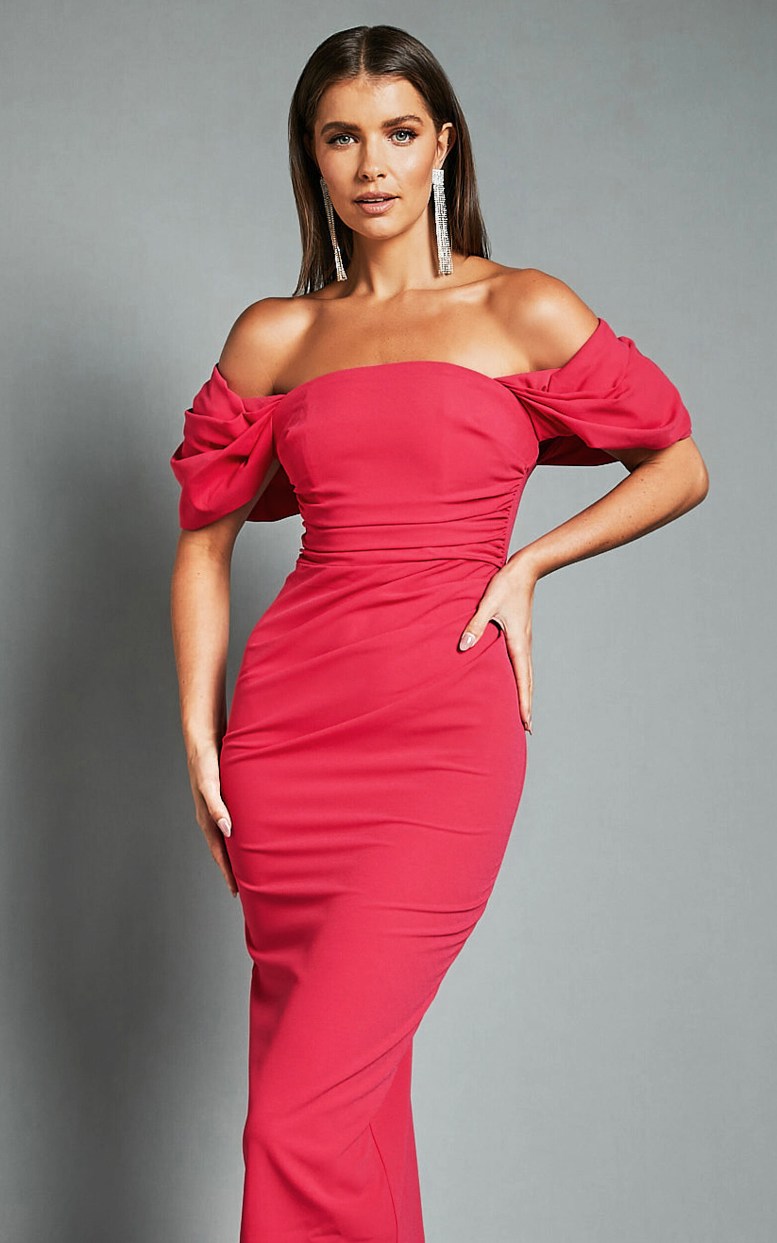 Lohan Midi Dress - Off Shoulder Puff Sleeve in Berry - 06, RED1